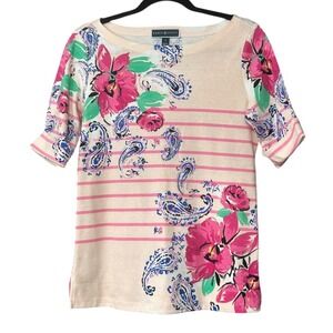 Karen Scott Top Womens Size S Paisley Floral Cuffed Short Sleeve Split Hem Shirt